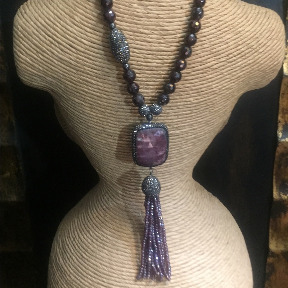 Genuine Stone Tassel and Crystal Necklace.